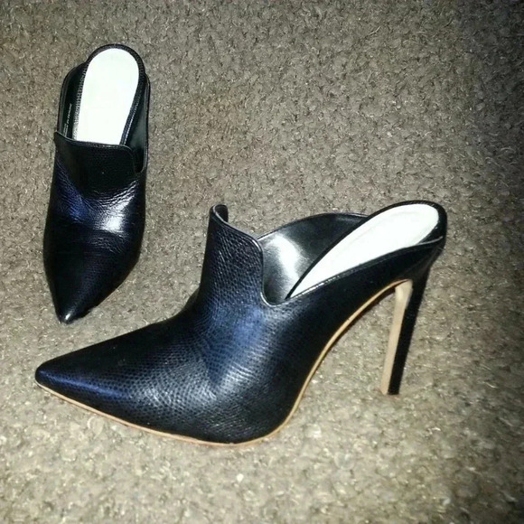 Again&Again Shoes - AGAIN&AGAIN-Stiletto Mules-Black Leather-Snakeskin